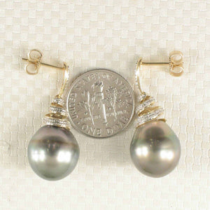 Peacock Tahitian Pearl & Diamond Swirl Earrings – 14k Yellow Gold