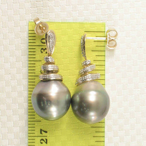 Peacock Tahitian Pearl & Diamond Swirl Earrings – 14k Yellow Gold