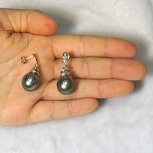 Load image into Gallery viewer, Peacock Tahitian Pearl &amp; Diamond Swirl Earrings – 14k Yellow Gold