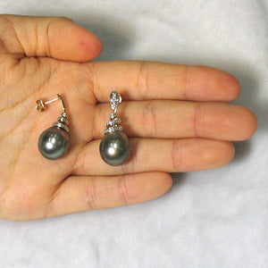 Peacock Tahitian Pearl & Diamond Swirl Earrings – 14k Yellow Gold