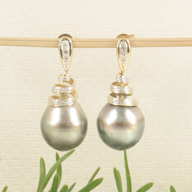 Peacock Tahitian Pearl & Diamond Swirl Earrings – 14k Yellow Gold