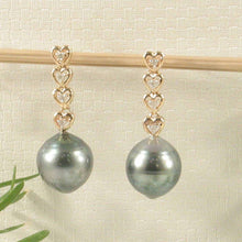 Load image into Gallery viewer, Peacock Tahitian Pearl &amp; Diamond Heart Dangle Earrings – 14k Yellow Gold