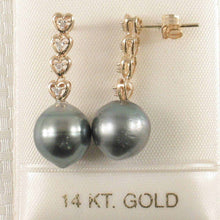 Load image into Gallery viewer, Peacock Tahitian Pearl &amp; Diamond Heart Dangle Earrings – 14k Yellow Gold