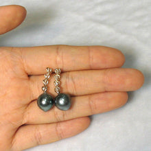 Load image into Gallery viewer, Peacock Tahitian Pearl &amp; Diamond Heart Dangle Earrings – 14k Yellow Gold