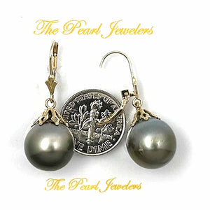 Petal Style Black Gray Tahitian Pearl Leverback Earrings – 14k Yellow Gold