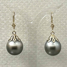 Load image into Gallery viewer, Petal Style Black Gray Tahitian Pearl Leverback Earrings – 14k Yellow Gold
