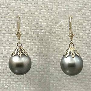 Petal Style Black Gray Tahitian Pearl Leverback Earrings – 14k Yellow Gold
