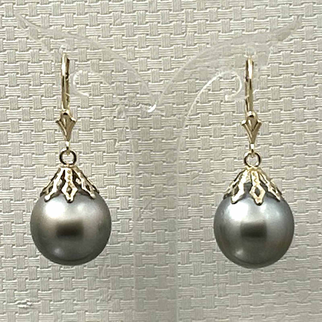 Petal Style Black Gray Tahitian Pearl Leverback Earrings – 14k Yellow Gold