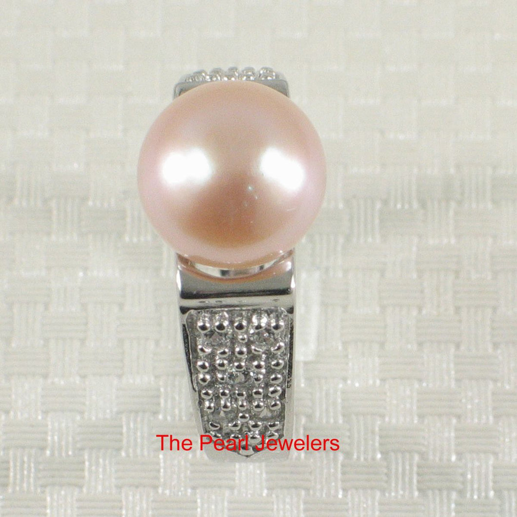 Solid Sterling Silver .925 Pink-Peach Cultured Pearl & CZ Accent Ring