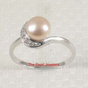 Solid Sterling Silver .925 Pink-Peach Freshwater Cultured Pearl & CZ Crescent Ring