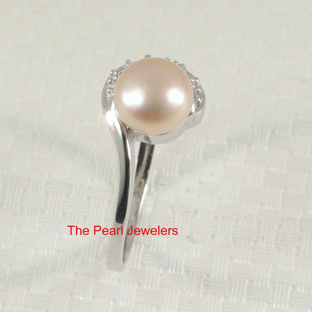 Solid Sterling Silver .925 Pink-Peach Freshwater Cultured Pearl & CZ Crescent Ring