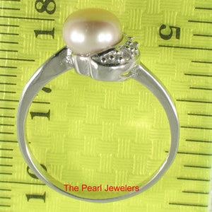 Solid Sterling Silver .925 Pink-Peach Freshwater Cultured Pearl & CZ Crescent Ring