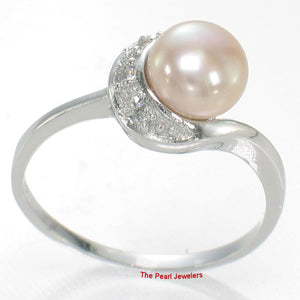 Solid Sterling Silver .925 Pink-Peach Freshwater Cultured Pearl & CZ Crescent Ring