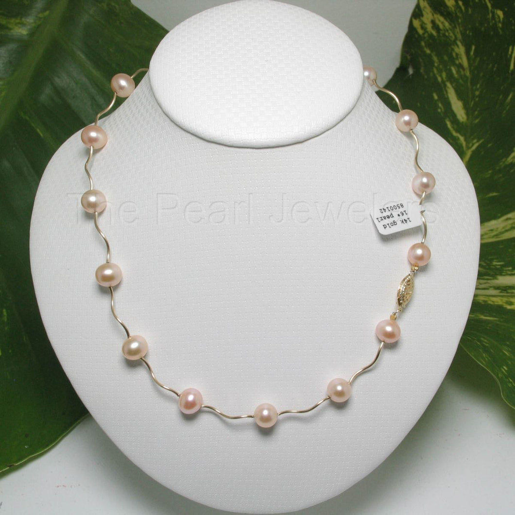 Pink Pearl & 14k Yellow Gold Spiral Tube Necklace