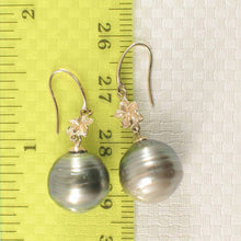 Load image into Gallery viewer, Baroque Black Gray Tahitian Pearl Hawaiian Plumeria Hook Earrings – 14k Yellow Gold