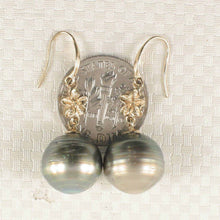 Load image into Gallery viewer, Baroque Black Gray Tahitian Pearl Hawaiian Plumeria Hook Earrings – 14k Yellow Gold