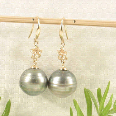 Baroque Black Gray Tahitian Pearl Hawaiian Plumeria Hook Earrings – 14k Yellow Gold