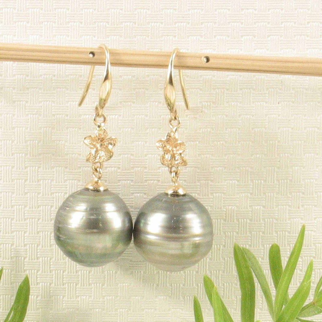 Baroque Black Gray Tahitian Pearl Hawaiian Plumeria Hook Earrings – 14k Yellow Gold