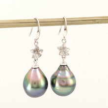 Load image into Gallery viewer, Traditional Hawaiian Plumeria Peacock Tahitian Pearl Earrings – 14k White Gold