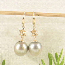 Load image into Gallery viewer, Traditional Hawaiian Plumeria Tahitian Pearl Hook Earrings – 14k Yellow Gold