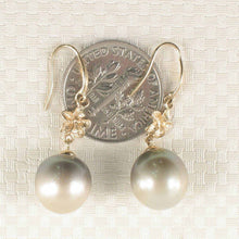 Load image into Gallery viewer, Traditional Hawaiian Plumeria Tahitian Pearl Hook Earrings – 14k Yellow Gold