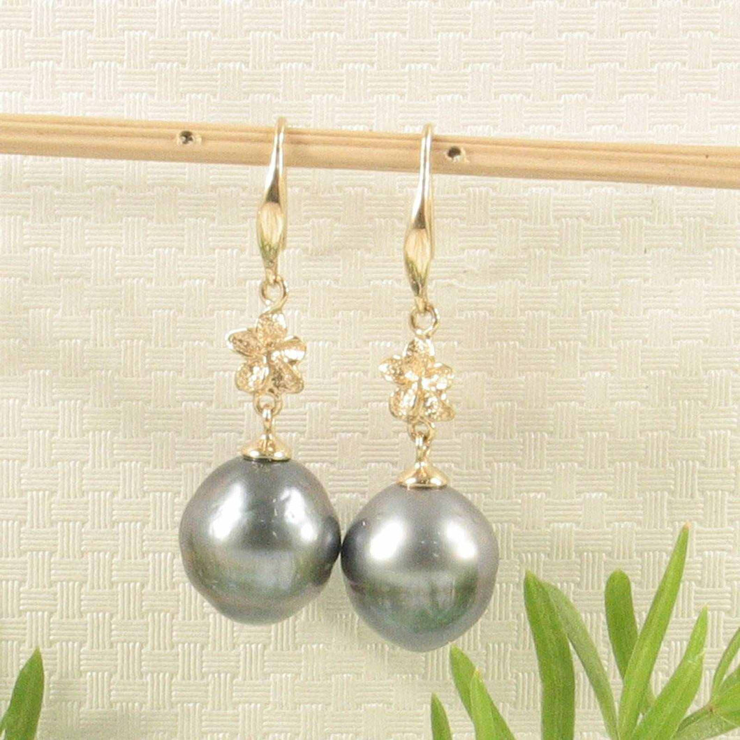 Black Tahitian Pearl Hawaiian Plumeria Hook Earrings – 14k Yellow Gold