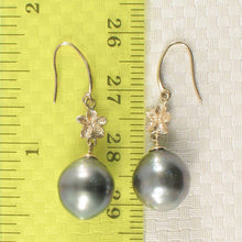 Load image into Gallery viewer, Black Tahitian Pearl Hawaiian Plumeria Hook Earrings – 14k Yellow Gold