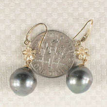 Load image into Gallery viewer, Black Tahitian Pearl Hawaiian Plumeria Hook Earrings – 14k Yellow Gold