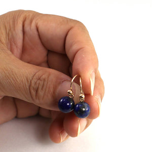 Real 14kt Solid Yellow Gold Ball Blue Lapis Dangle Earrings