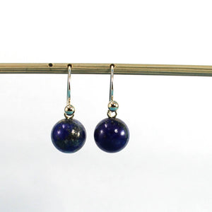 Real 14kt Solid Yellow Gold Ball Blue Lapis Dangle Earrings