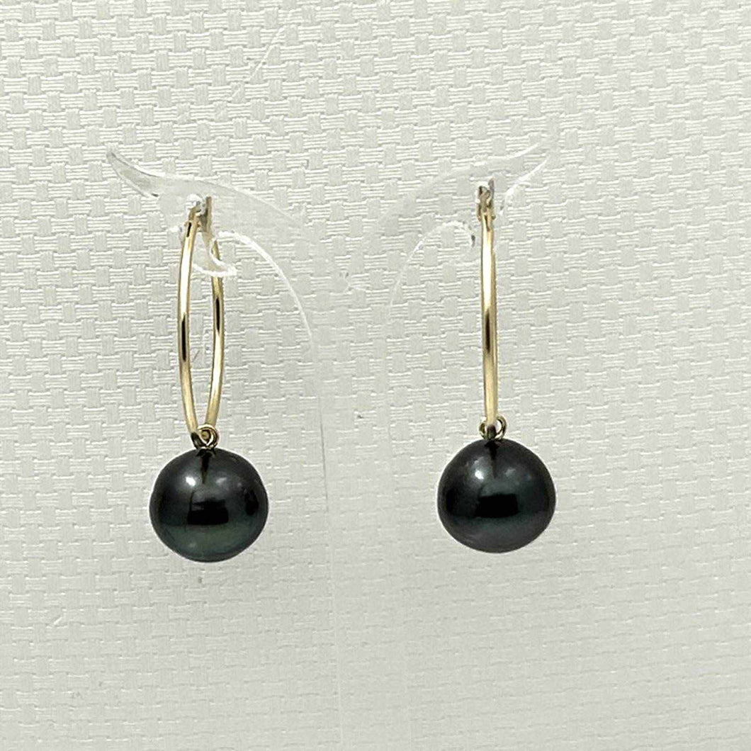 Real Black Tahitian Pearl Hoop Earrings – 14k Yellow Gold