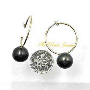 Real Black Tahitian Pearl Hoop Earrings – 14k Yellow Gold