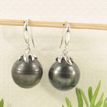 Load image into Gallery viewer, Ringed Tahitian Pearl &amp; Diamond Hook Earrings – 14k White Gold