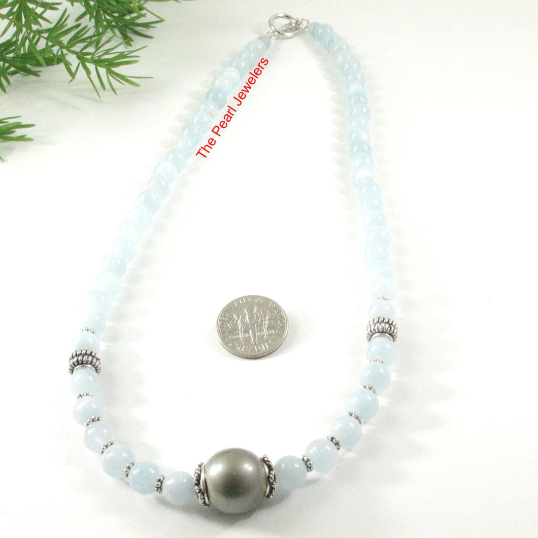 Natural Aquamarine & Silver Beads Gray Tahitian Pearl Necklace