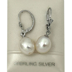 Sterling Silver Fleur De Lis Leverback White Baroque Pearl Earrings