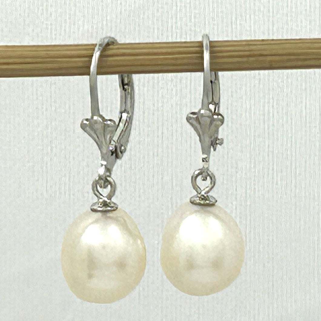 Sterling Silver Fleur De Lis Leverback White Baroque Pearl Earrings