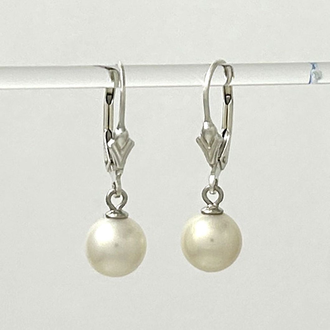 Sterling Silver Fleur De Lis Leverback White Pearl Earrings