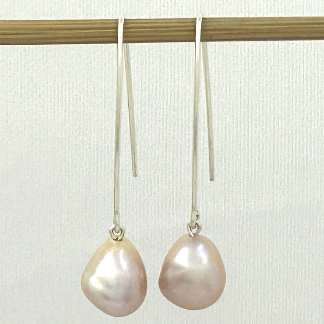 Sterling Silver V-Wire Pink Baroque Pearl Dangle Hook Earrings