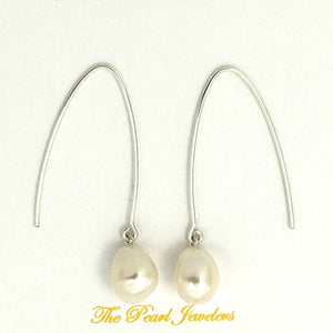 Sterling Silver V-Wire White Baroque Pearl Dangle Hook Earrings