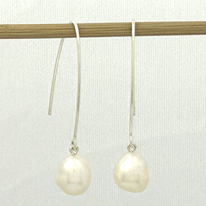 Sterling Silver V-Wire White Baroque Pearl Dangle Hook Earrings