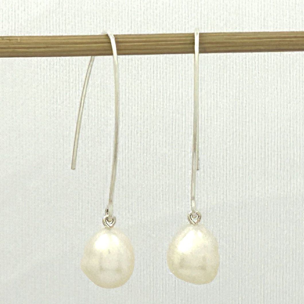 Sterling Silver V-Wire White Baroque Pearl Dangle Hook Earrings