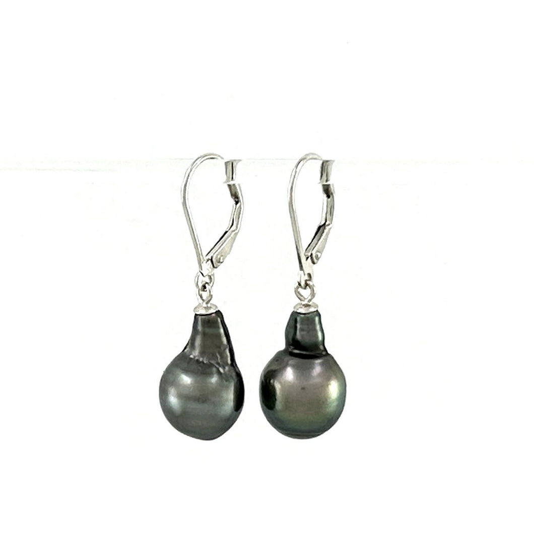 Solid Sterling Silver .925 Leverback Black Tahitian Pearl Earrings
