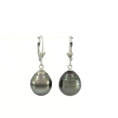 Solid Sterling Silver .925 Leverback Black Tahitian Pearl Earrings