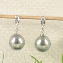 Load image into Gallery viewer, Silver Blue Tahitian Pearl &amp; Diamond Dangle Earrings – 14k White Gold