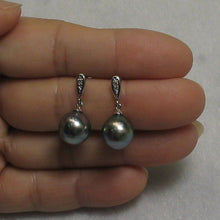 Load image into Gallery viewer, Silver Blue Tahitian Pearl &amp; Diamond Dangle Earrings – 14k White Gold