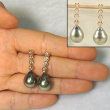 Load image into Gallery viewer, Silver Gray Tahitian Pearl &amp; Diamond Heart Drop Earrings – 14k Yellow Gold
