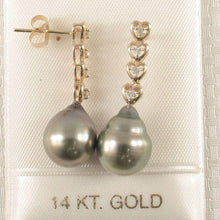 Load image into Gallery viewer, Silver Gray Tahitian Pearl &amp; Diamond Heart Drop Earrings – 14k Yellow Gold