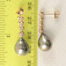 Load image into Gallery viewer, Silver Gray Tahitian Pearl &amp; Diamond Heart Drop Earrings – 14k Yellow Gold