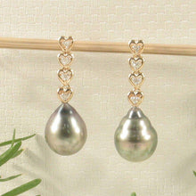 Load image into Gallery viewer, Silver Gray Tahitian Pearl &amp; Diamond Heart Drop Earrings – 14k Yellow Gold