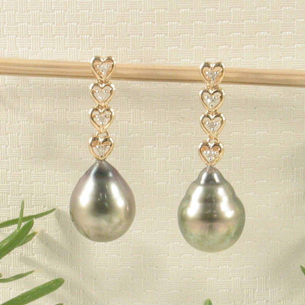Silver Gray Tahitian Pearl & Diamond Heart Drop Earrings – 14k Yellow Gold